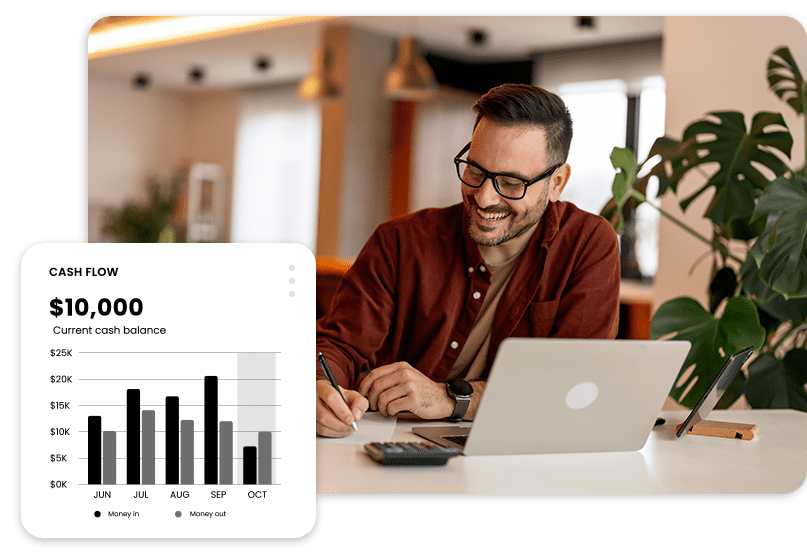 bookkeeping A man sits at a desk with a laptop and notepad, smiling. A graph shows cash flow trends with a current balance of $10,000.