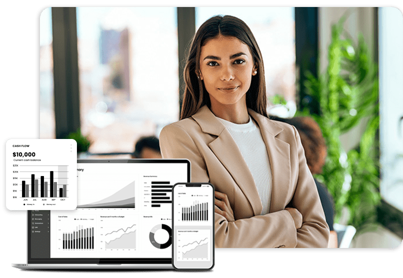 hero-1 A confident person stands with arms crossed in an office setting. In the foreground, a laptop, tablet, and smartphone display graphs and charts.
