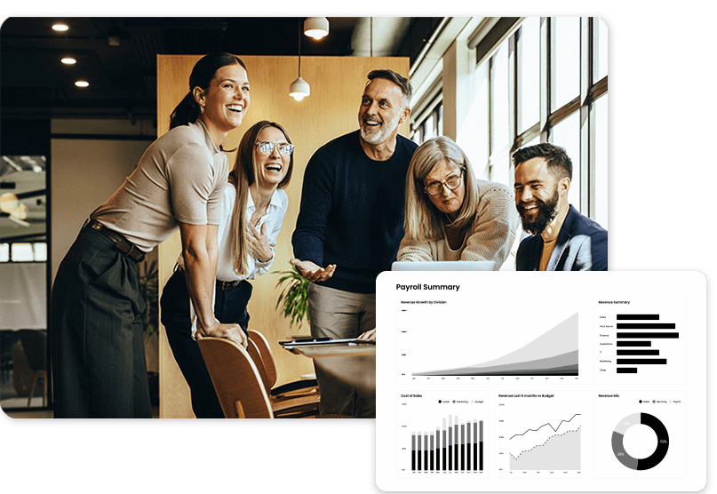 payroll Five people smiling around a table in an office, with a graph and charts displayed on a screen in the foreground.