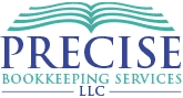 Logo for Precise Bookkeeping Services LLC featuring the company name with an open book graphic above.